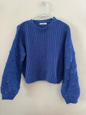 moon & madison Blue Textured Bubble-Sleeve Crew Sweater